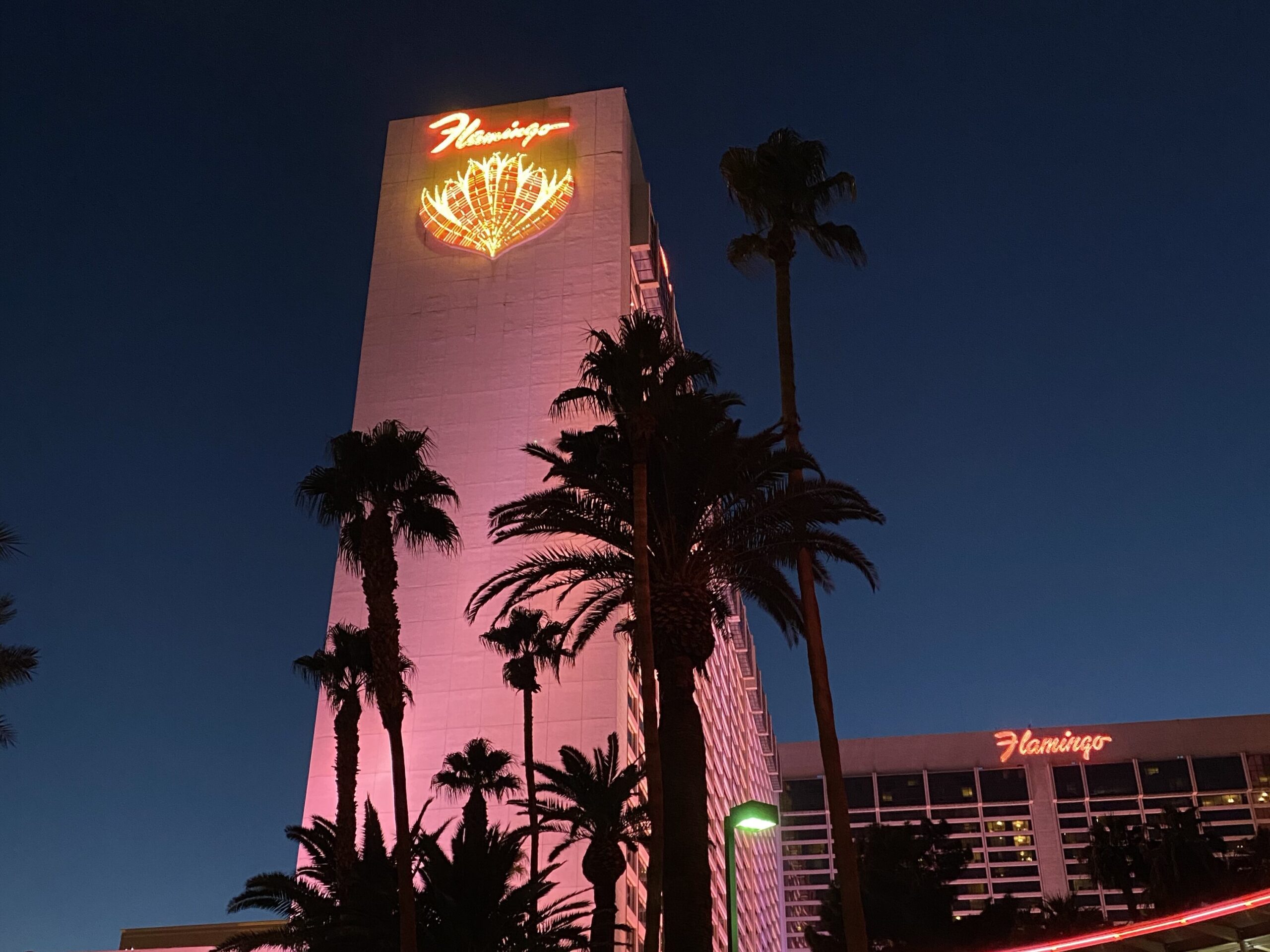 夜のフラミンゴホテルの外観